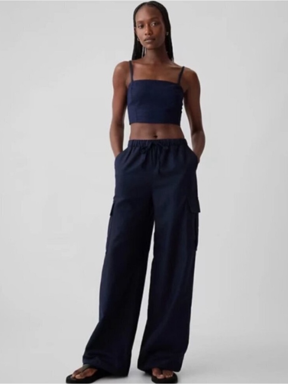 New! Gap Navy Blue Linen-Cotton Cargo Pull On Wide Leg Pants #855963